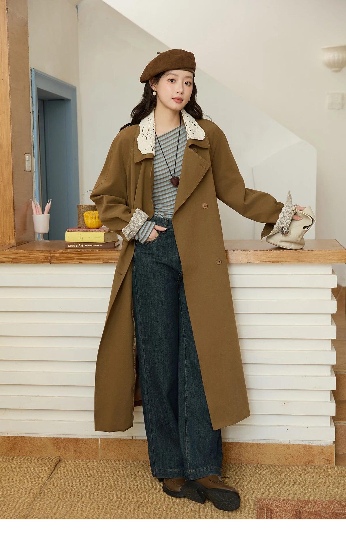 MISHOW Trench Coat Women 2025 Autumn Fashion Light Khaki Lace Long Windbreaker Jacket Long-sleeved Coat with Belt MXE45W0830