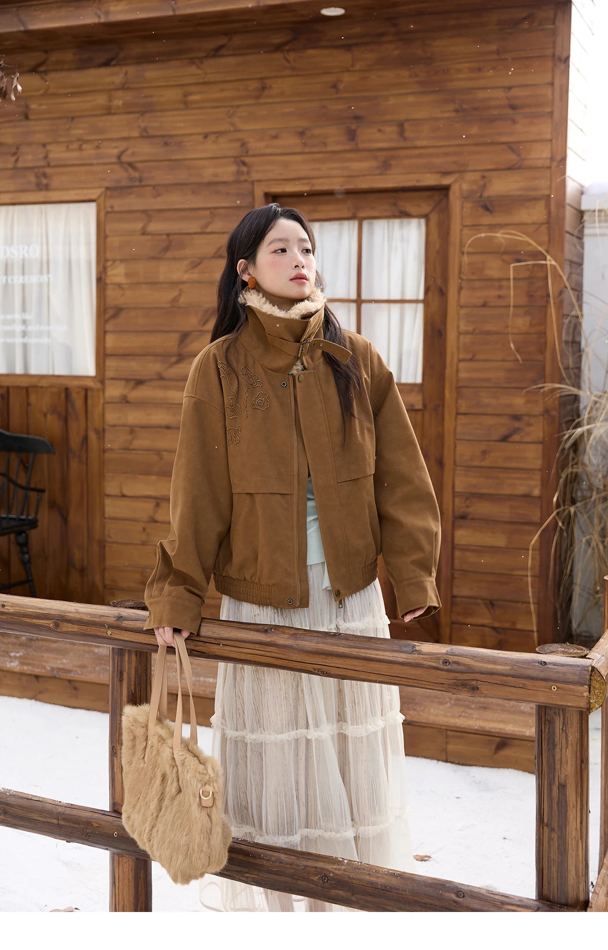 MISHOW Brown Suede Jacket for Women 2025 Winter New Detachable Fur Collar Coat commute Long Sleeve Zipper Jacket MXE51W0876