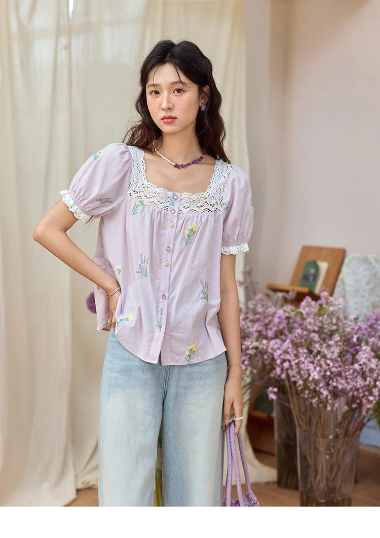 MISHOW Women's Lace Patchwork Embroidered Blouses 2025 Summer Korean Elegant Square Collar Blouse Short Sleeved Tops MXE36X1830