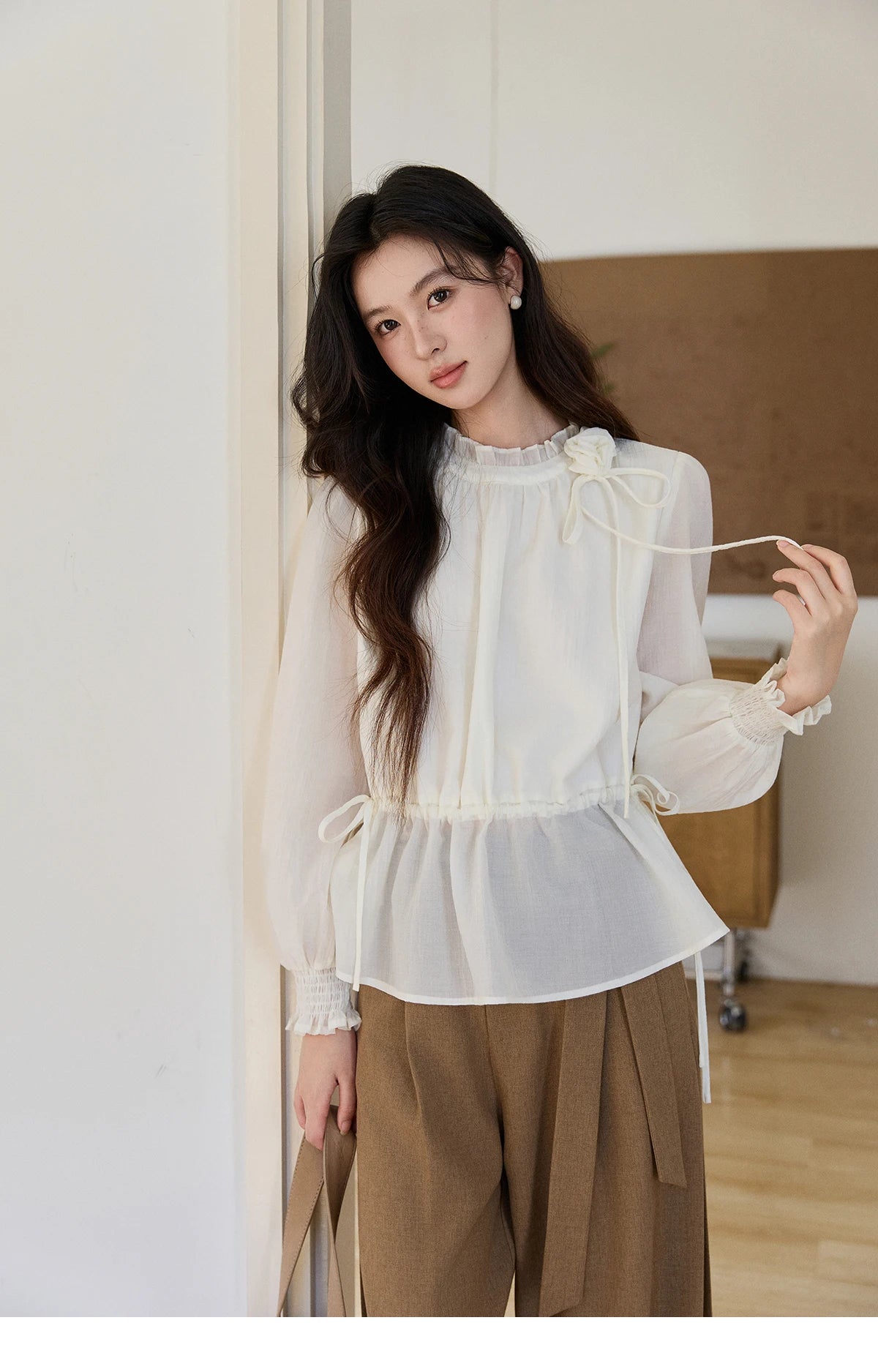 MISHOW Women's Ruffled Stand Collar Blouse 2026 Spring Flower Decor Apricot Blouses Drawstring Waist Puff Sleeve Top MXF11C2428