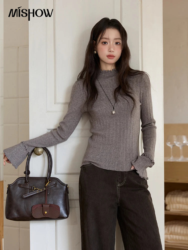 MISHOW Women's Long Sleeve Top 2025 Autumn New Casual Solid Turtleneck Slim Knit Wood Ear Edge Trumpet Sleeve Top MXE51Z2552