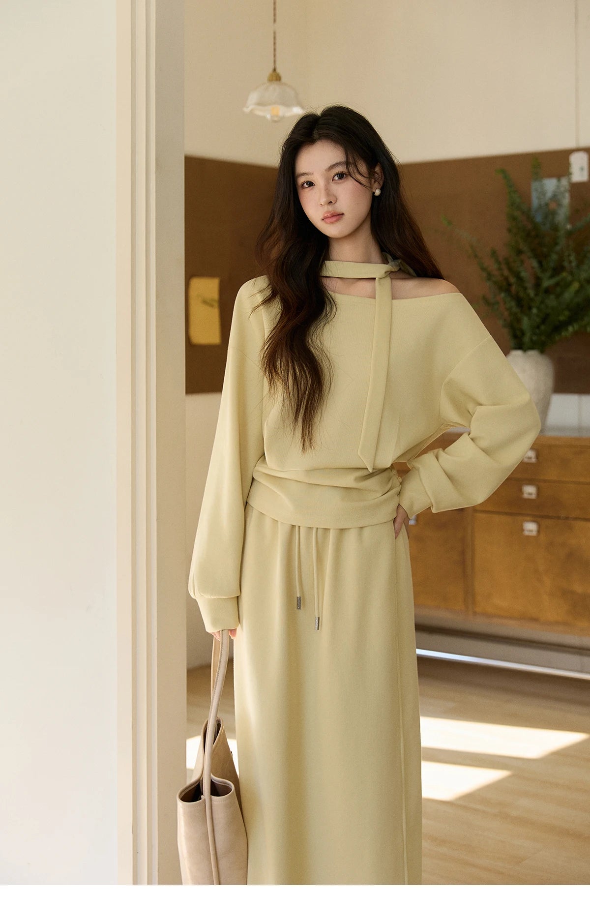 MISHOW Women's Light Yellow Two-Piece Set Asymmetrical Off-shoulder Pullover Top Rear Fork Midi Skirt Set with Ribbon MXE11T1489