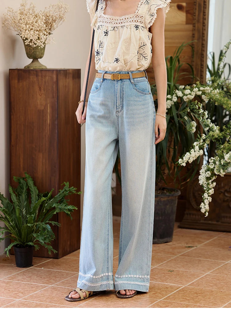 MISHOW Denim Blue Lace Straight Leg Pants for Women Summer 2025 High Waist Trousers 100 Cotton Casual Wide Leg Jeans MXE35K0947