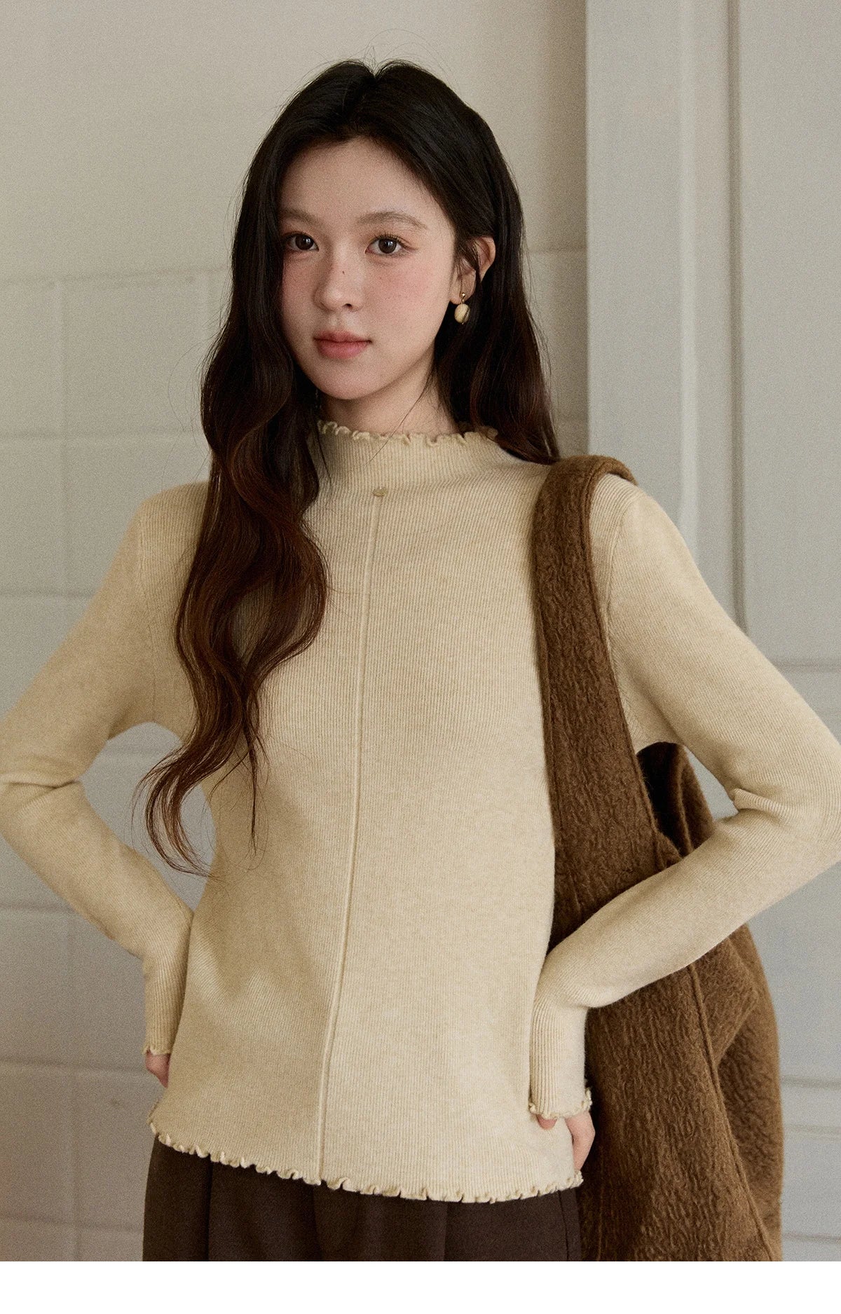 MISHOW Women's Knitted Long-Sleeved Top 2025 Winter Solid Slim Fit Ruffled Turtleneck Sweater Warm Soft Commuting Top MXE91Z2826