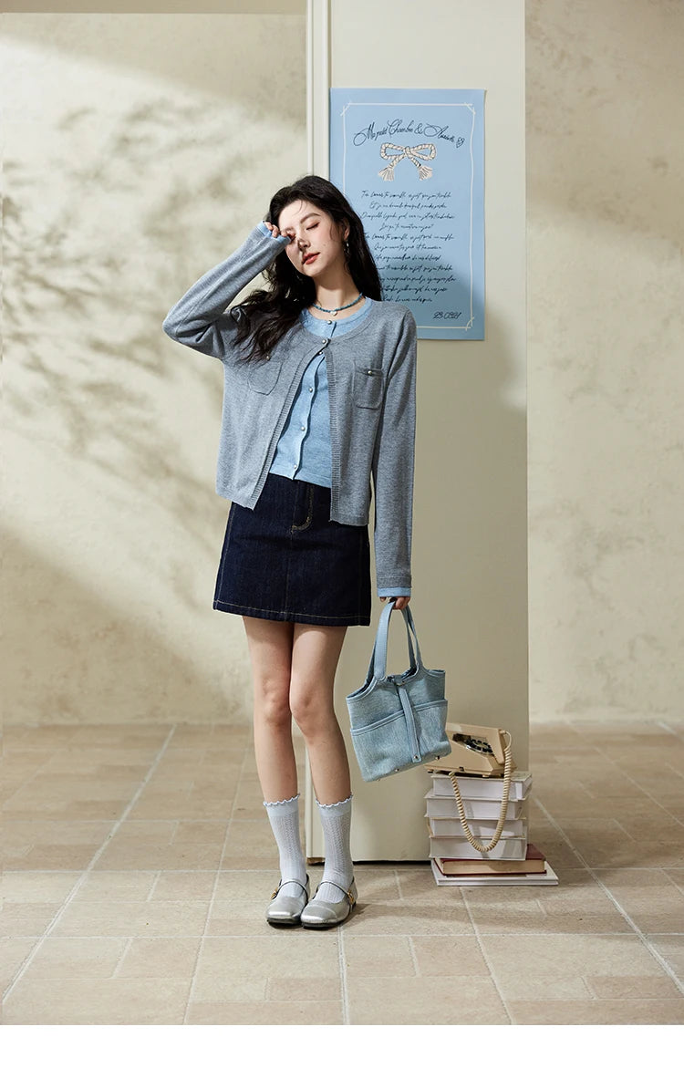 MISHOW Wool Knitted Cardigan Fake Two-piece Contrasting 2025 Spring Women Slim Fit Top O Neck Patch Pocket Sweaters MXE12Z1144