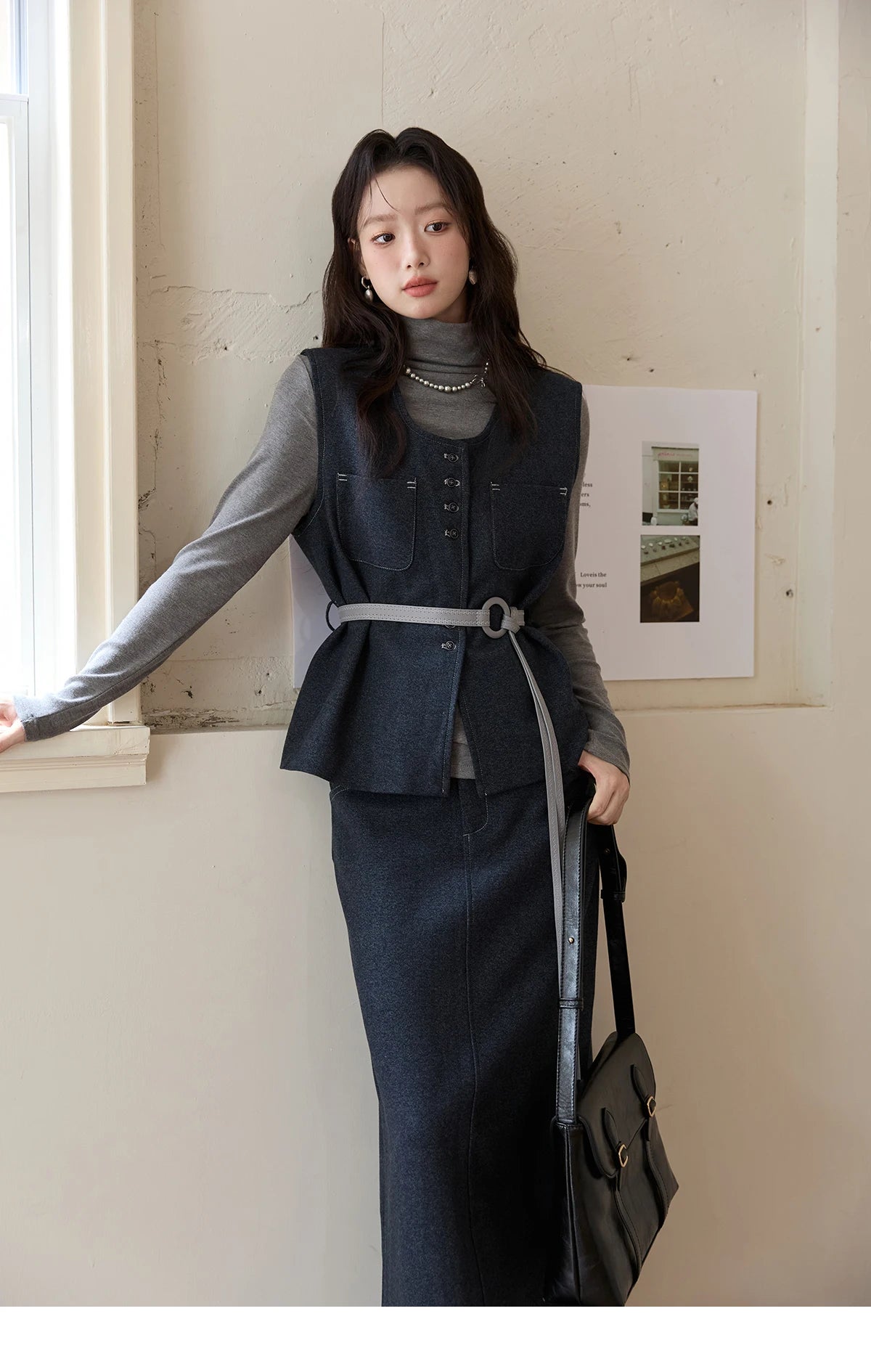 MISHOW Blue Three-piece Suit for Women 2025 Autumn Sleeveless Vest Straight Midi Skirt Slim Knit Tops Skirt Set MXE49T1421