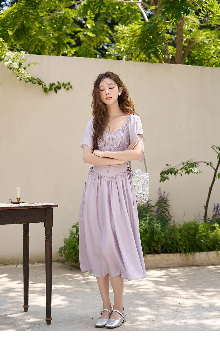 MISHOW Women's Elegant Dress 2023 Summer French A-LINE Butterfly Sleeve Square Collar Solid Lace-up Waist Dresses MXC38L1407