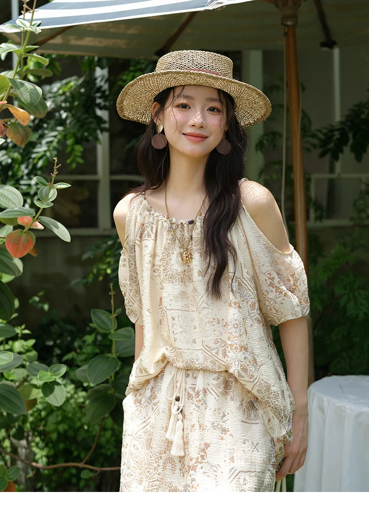 MISHOW Women's Two Piece Set 2025 Summer New Casual Bohemian Print Top Beaded Tassel Drawstring Pocket Shorts Set MXE39T0723