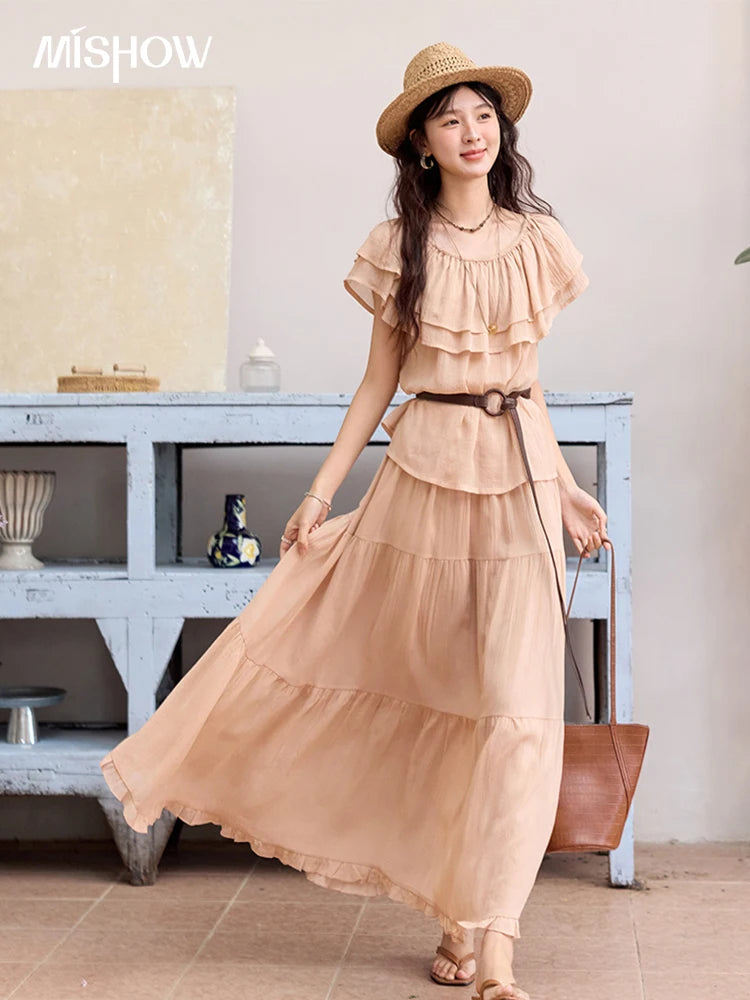 MISHOW Women Fashion Two-Piece Set 2025 Summer Loose Lotus Leaf Edge Off Shoulder Top Elastic Waist Skirt Ladies Set MXE36T0637