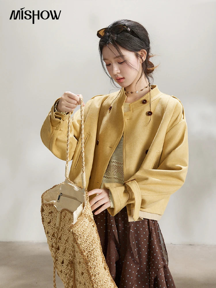 MISHOW Women's Yellow Double-Breasted Trench Stand Collar Coat Adjustable Cuffs Splicing Striped Hem Casual Outerwear MXF11W1026