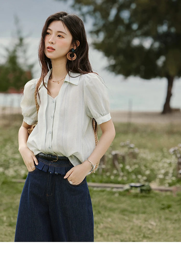 MISHOW French Summer Blouses Women New 2025 Solid Short Sleeve Turn-down Collar Slimming Shirts Female Straight Thin MXE33C0782