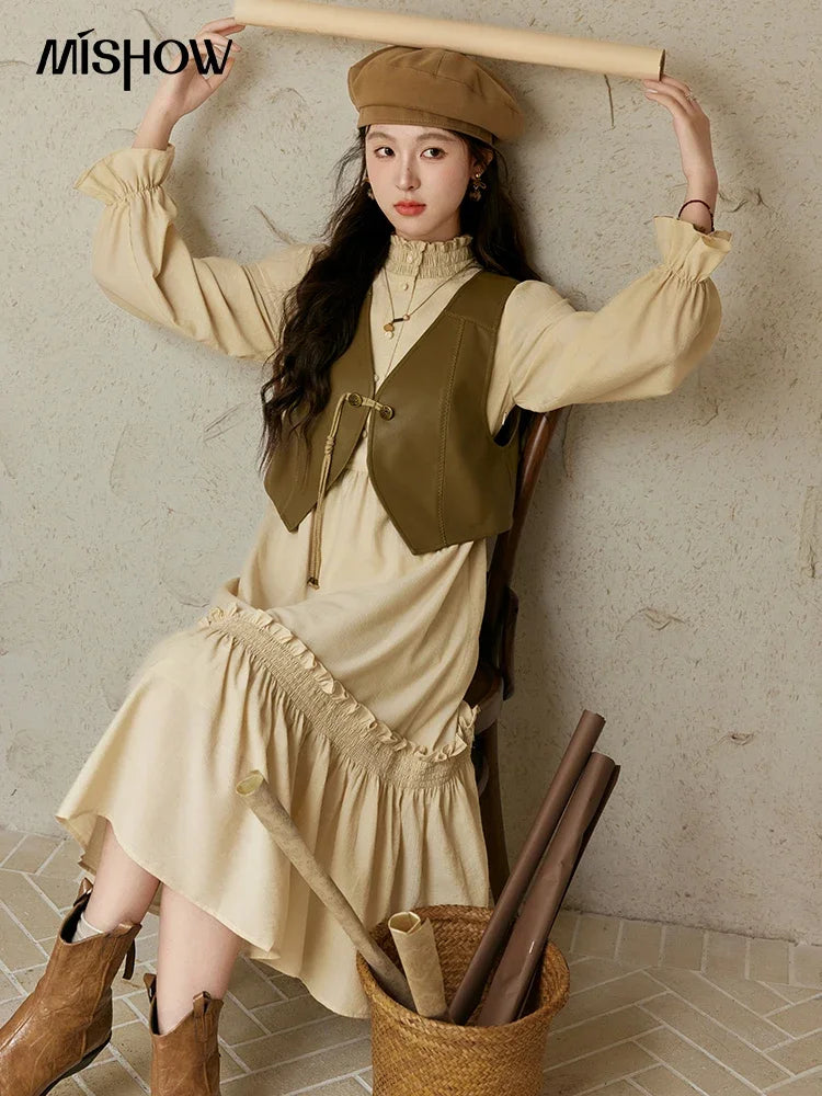 MISHOW French Stand Neck Elasticity Dress 2024 Autumn Waist Elegant A-line Dresses Elastic Lotus Leaf Sleeves Dress MPD42L2036