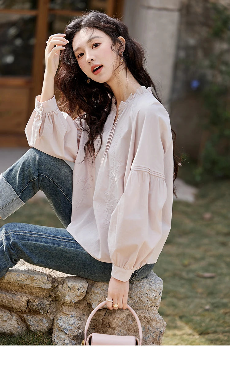 MISHOW Pink Cotton Ruffled Blouse Loose Long Sleeve MXE13X1699