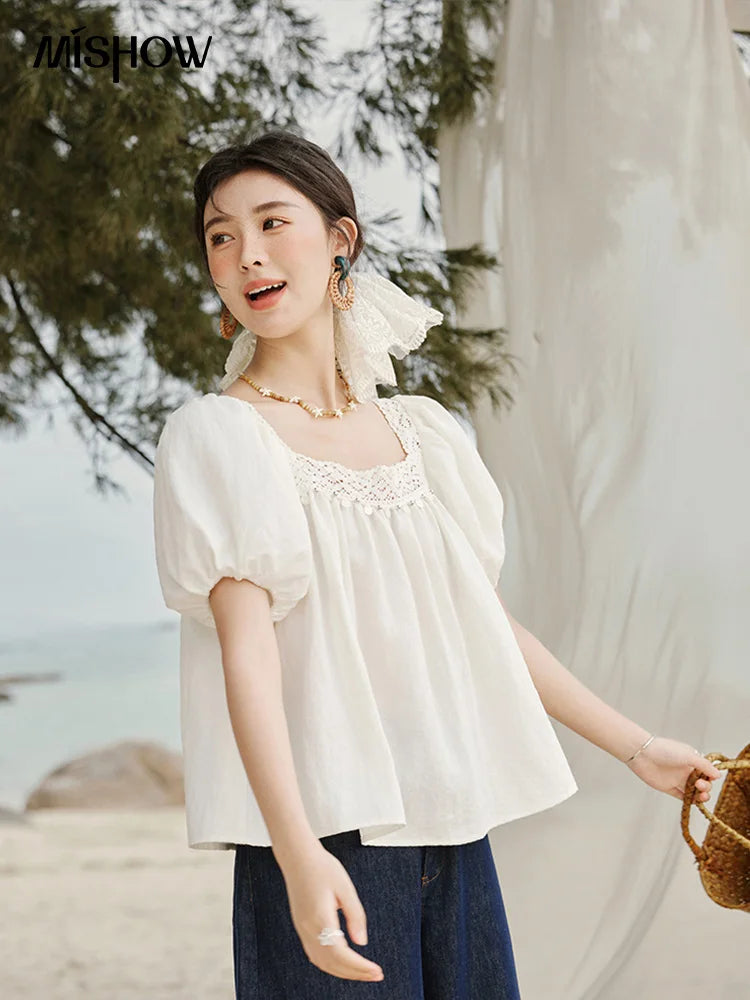 MISHOW French New Shirts Women Summer 2025 Short Puff Sleeve Square Collar Solid Splicing Lace Blouses Female Holiday MXE32X1780