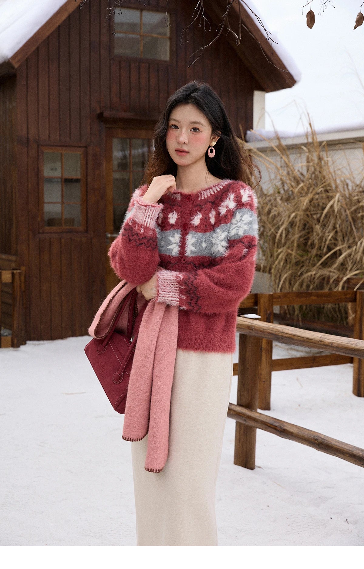 MISHOW Christmas Retro Red Imitation Mink Fur Soft Cardigan 2025 Winter Snowflake Jacquard Sweater Round Neck Tops MXE91Z2801
