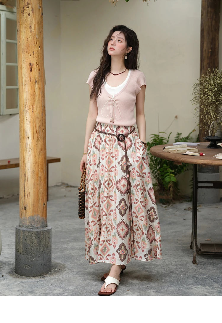 MISHOW Women's Geometric Print Half Skirt 2025 Summer Retro Prairie Chic Pocket Vacation A-line Skirt Female Clothing MXE37B0760