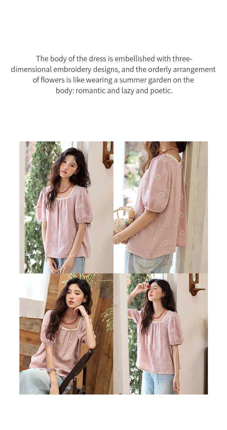 MISHOW Pink Embroidered Linen Floral Blouse for Summer 2025 A-line Square Collar Blouses Lace Patchwork Loose Tops MXE35X1834