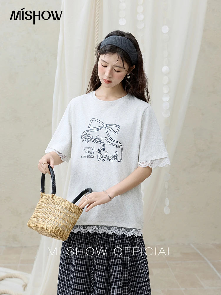MISHOW Print Casual Shirt Women 2025 Summer New Short Sleeve Round Neck Lace Design T-shirts Woman Fashion Bow Tops MXE32T0554