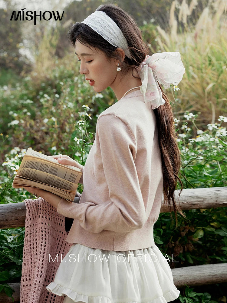 MISHOW Women's Iris Embroidery Round Neck Cardigan 2025 Spring Loose Knitted Thin Bow Design(Not Include Lace Vest)MXE13Z1142