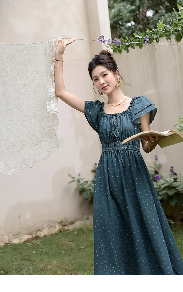 MISHOW Lace Up Flying Sleeve Polka Dot Dress Summer 2024 High Waist Pleated Long Dresses Square Neck Denim Dress MXD30L2022