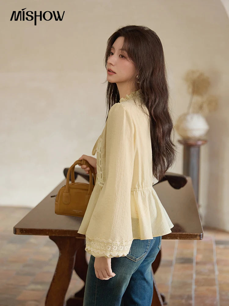MISHOW French Thin V-neck Blouse 2025 Autumn Lace Patchwork Elastic Cuffs Top Bead Drawstring Lantern Sleeves Blouses MXE41X1925