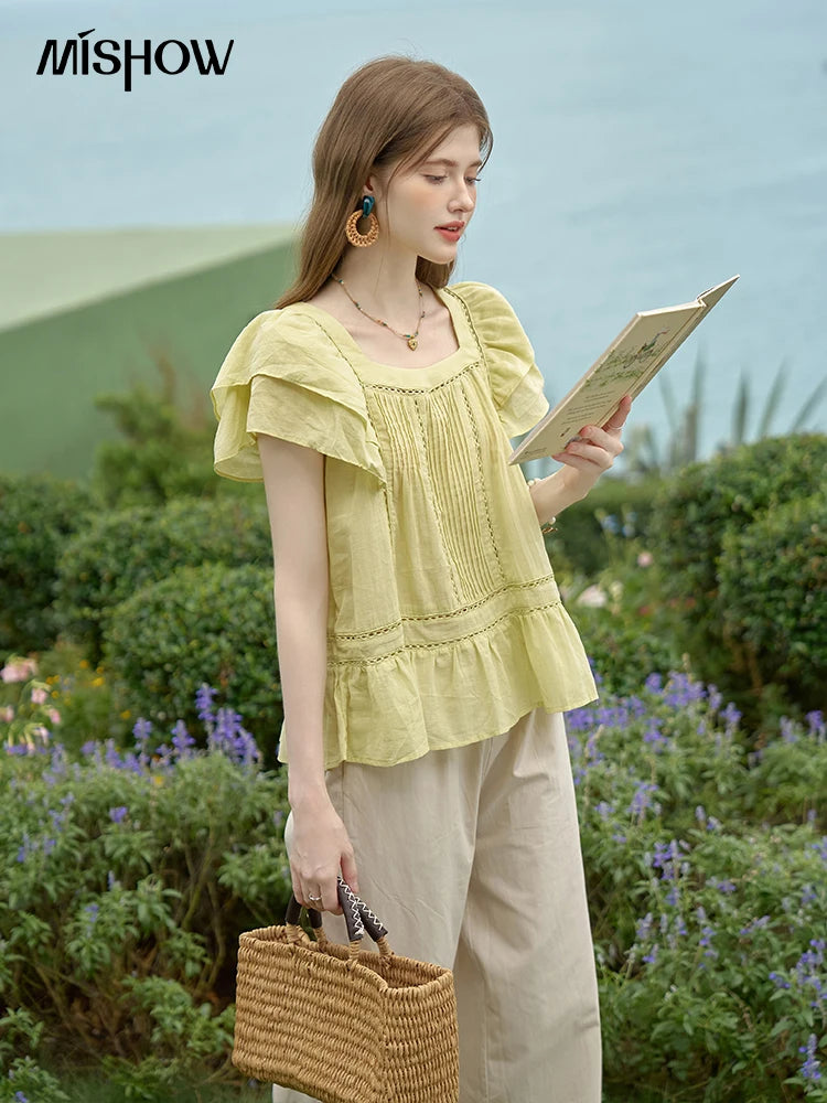 MISHOW Korean Lace Hollowed Out Flying Sleeve Blouse for Women 2024 Summer Square Neck Doll Shirt Casual Top MXD30X1574