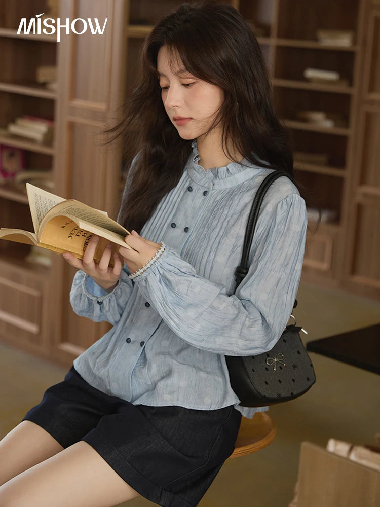 MISHOW Women's Shirt 2025 Autumn Blue Polka Dot Chiffon Loose Shirt Stand Collar Double Row Buckle Lantern Sleeve Top MXE41X1926