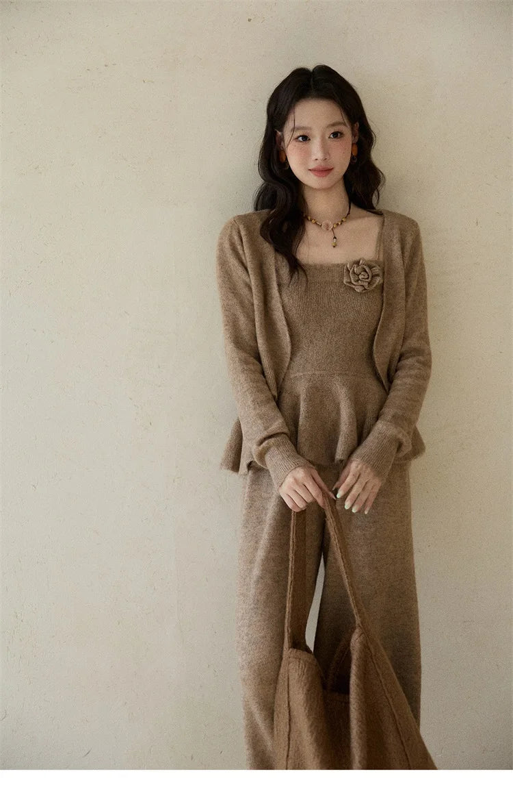 MISHOW Khaki Knitted Three-Piece Winter Set for Woman RetroThree-Dimensional Floral Camisole Cardigan Wide-Leg Pants MXE87T1449