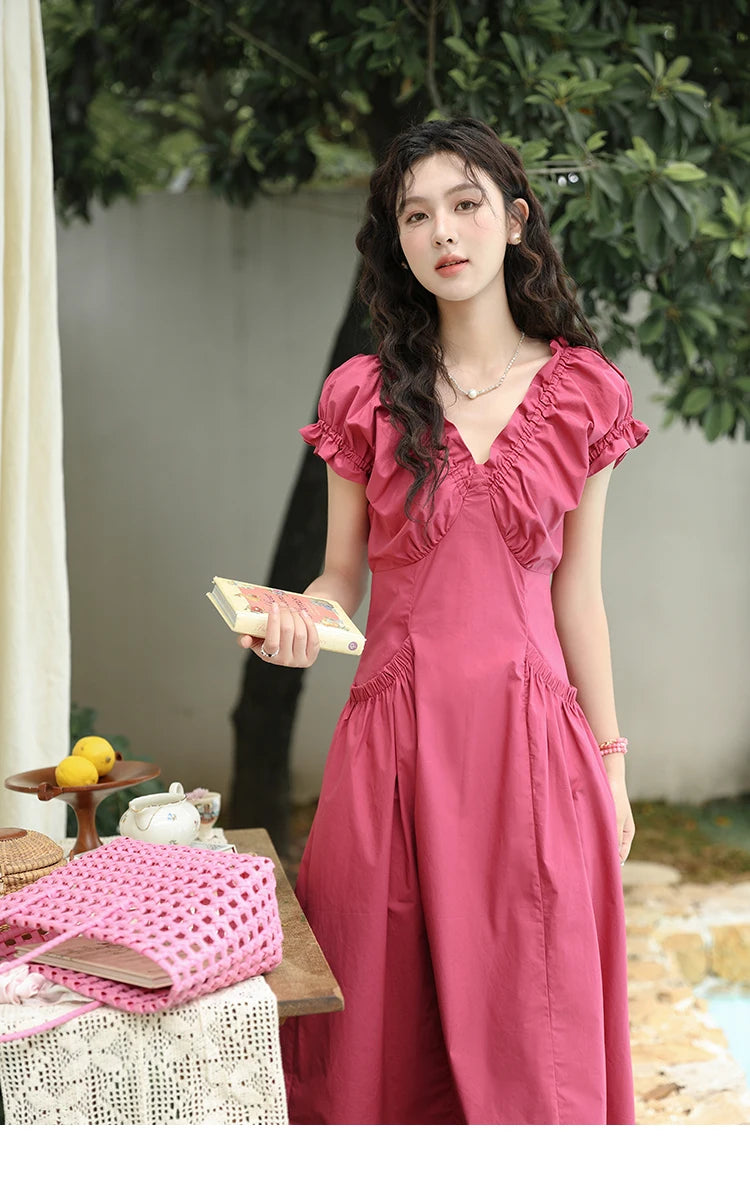 MISHOW Women's 100 Cotton Stringy Selvedge V-Neck Waist Dress 2024 Summer French Symmetric Pocket Mid Length Dresses MXD29L1934