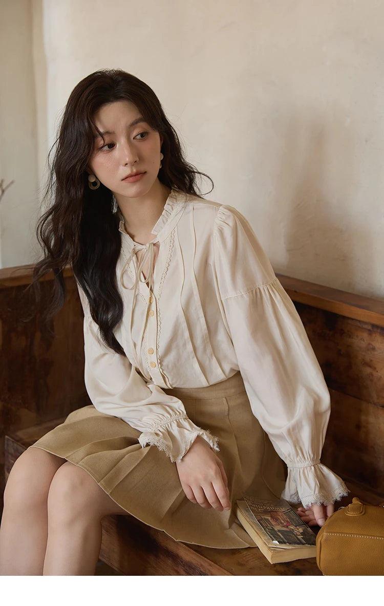 MISHOW French 100% Lyocell Apricot Shirt 2025 Autumn Flared Sleeves Lace Edges Shirts V-neck Slim Top Office Lady MXE41C2351