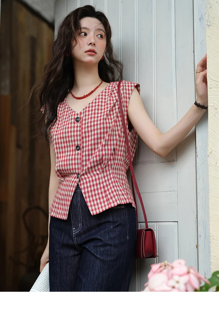 MISHOW Women's Fashion V-neck Shirt 2025 Summer New Plaid Ladies Red Button Shirt Casual Retro Top Female Clothing MXE37X1921