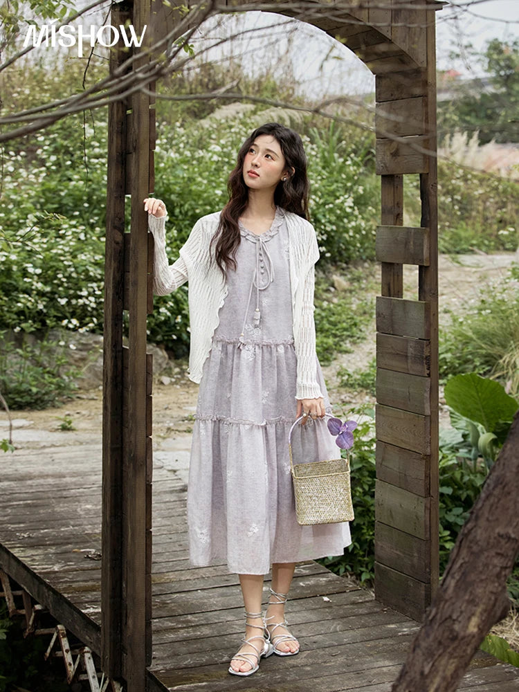 MISHOW Summer Embroidered Dress for Women 2025 New Round Neck Ruffled Sleeveless A-line Midi Dresses Female Fashion MXE33L2231