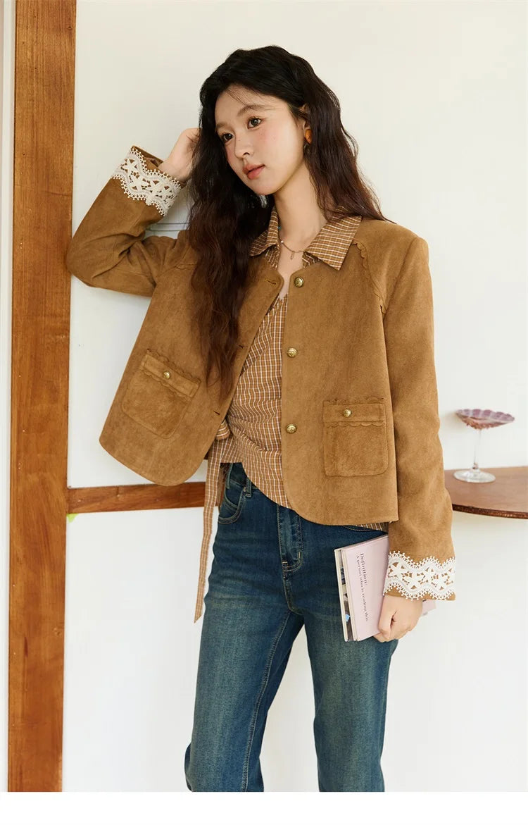 MISHOW Fragrant Suede Jacket for Women Autumn 2025 Cuffs Hollowed Out Lace Short Coats O-neck Metal Button Jackets MXE46W0839