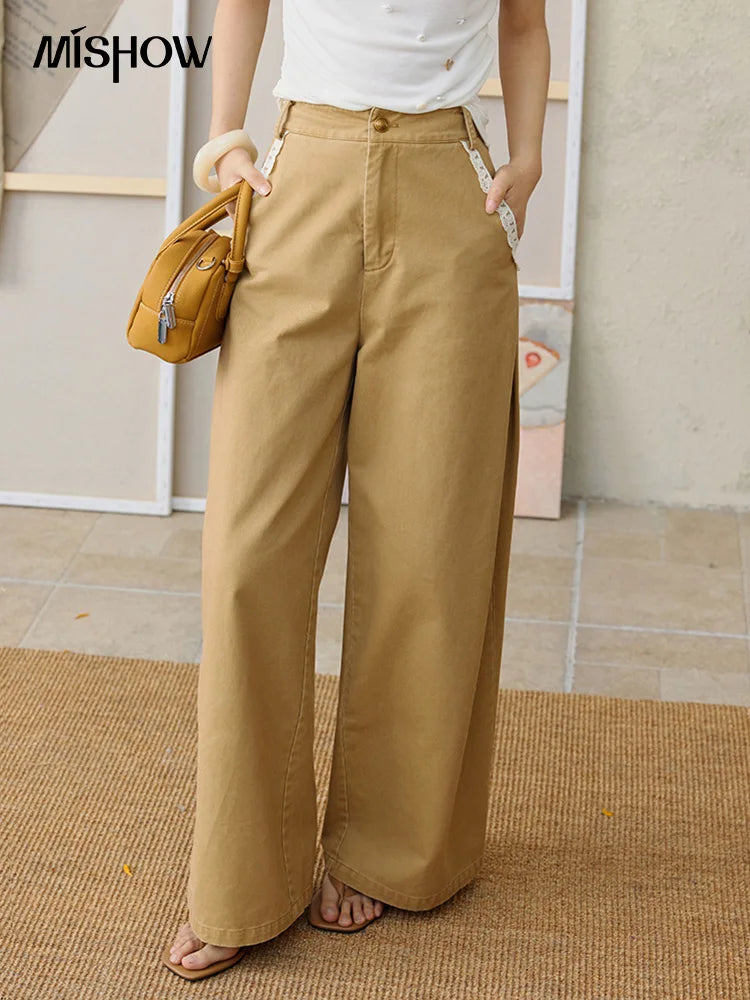 MISHOW 100Cotton Khaki Lace Patchwork Wide Leg Pants for Summer 2025 High Waist Straight Leg Trousers Commuting Pants MXE34K0925