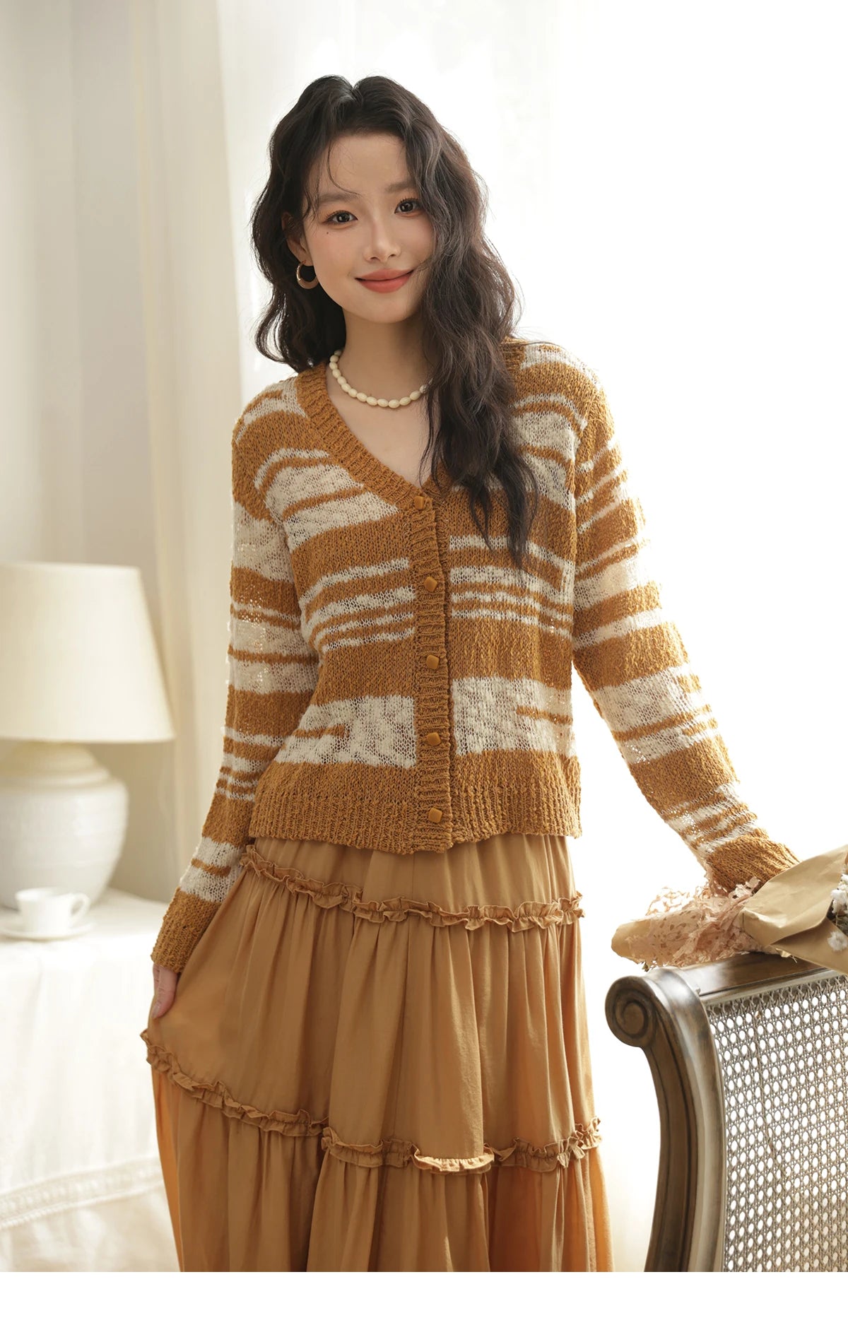 MISHOW Women's Striped Cardigan 2025 Autumn New Retro Yellow V-neck Long Sleeves Single-breasted Short Sweater Coats MXE44Z2516