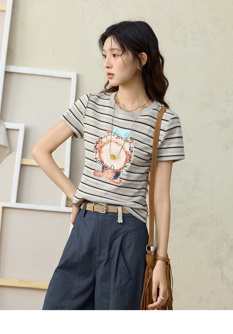 MISHOW Striped Cartoon Pufferfish Printed T-shirt for Women Summer 2025 Slim Shoulders Cotton Tees Short Sleeved Top MXE32T0538