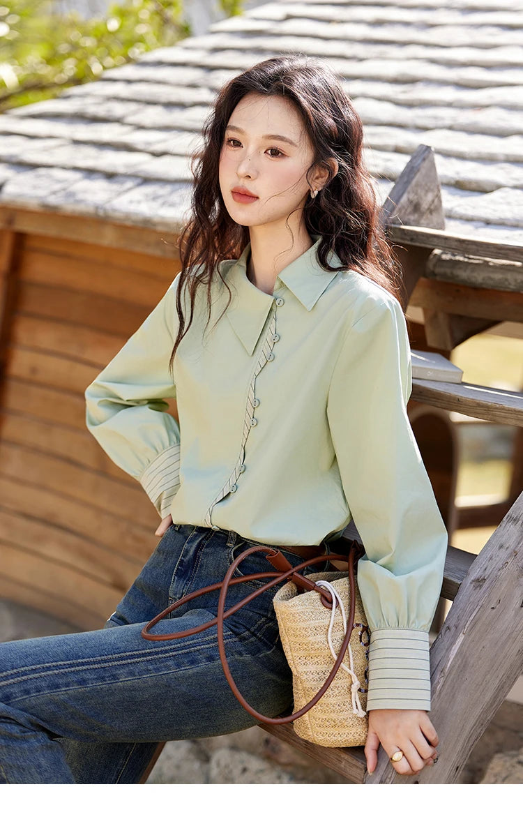 MISHOW Striped Patchwork Shirt for Women Spring 2025 Irregular Single Breasted Buckle Shirts Lapel Tops Office Lady MXE12C0412