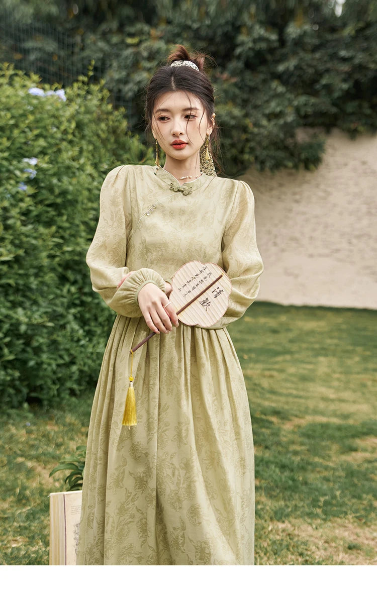 MISHOW Retro Chinese Improved Cheongsam Dress 2024 Spring Chiffon Printing Green Puff Sleeve Stand Neck Waist Dresses MXD14L1767