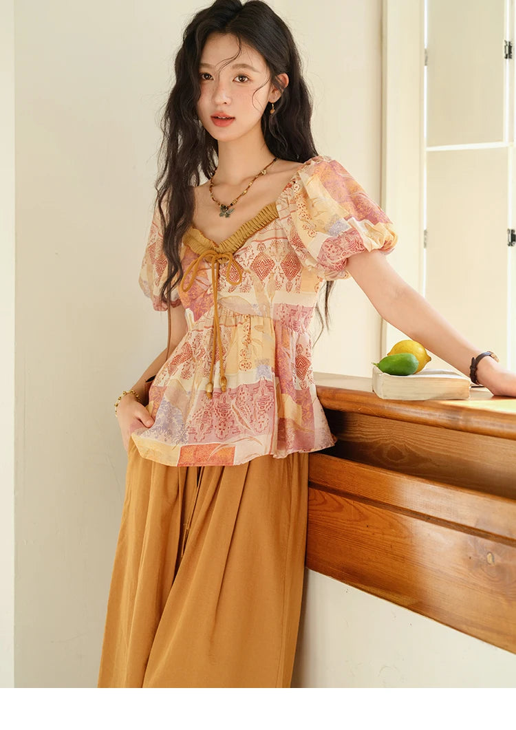 MISHOW V-neck Lace Up Patchwork Blouses for Woman 2025 Summer New Ladies Puff Sleeve Print Loose Top Female Clothing MXE38X1911