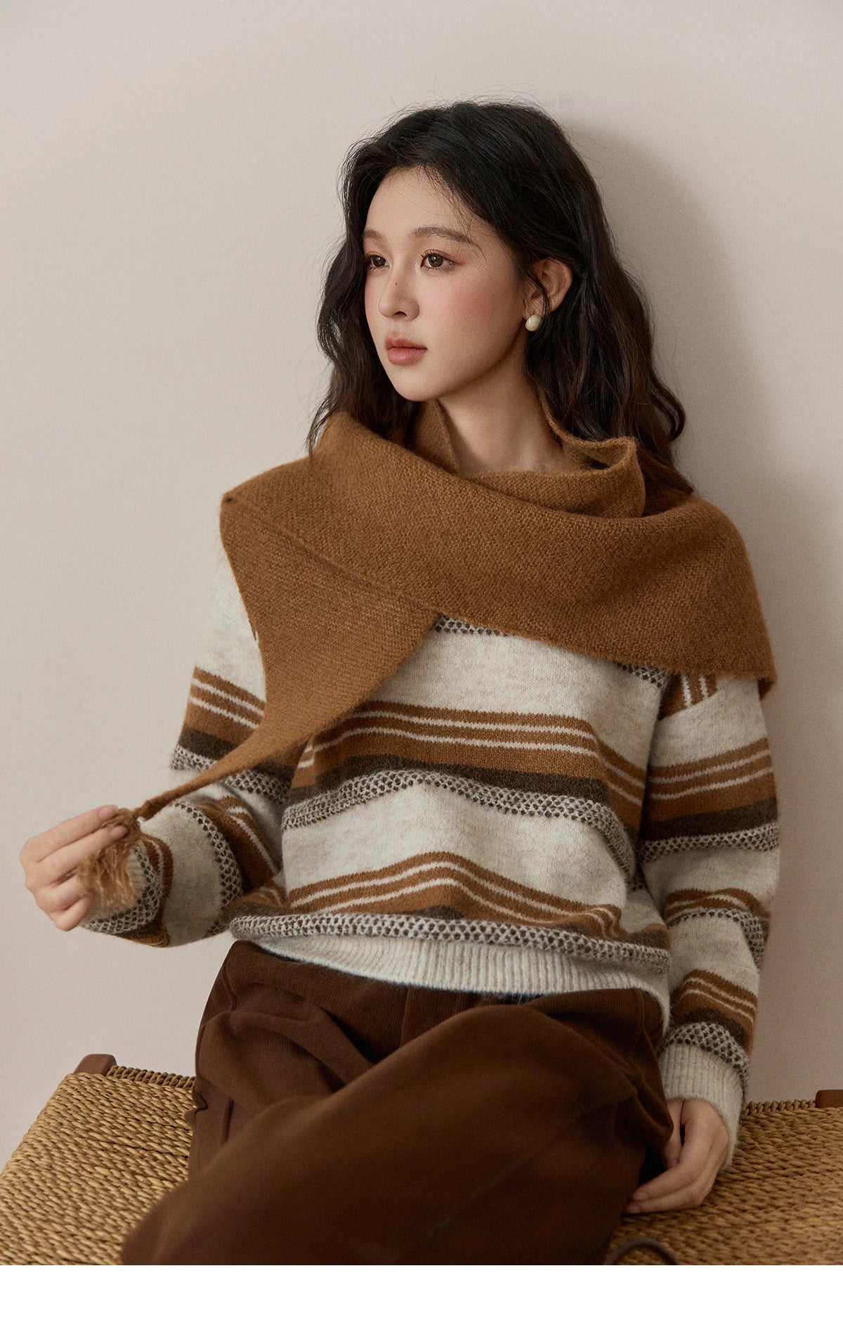 MISHOW Women's Wool Blend Retro Striped Sweater with Scarf Set 2025 Winter Knitted Round Neck Warm Loose Sweaters MXE94Z2987