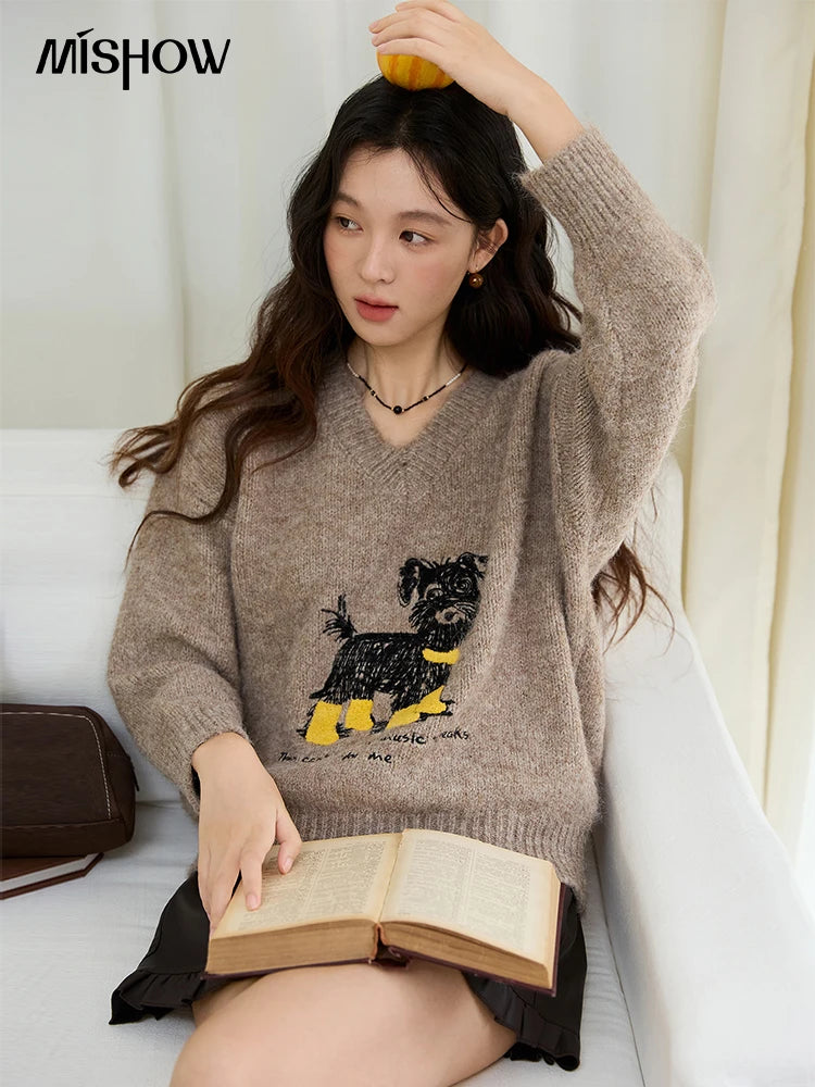 MISHOW Women's Long Sleeve Pullovers 2025 Autumn Winter New Puppy Embroidery Loose Casual V Neck Knit Sweater Luxury MXE48Z2570