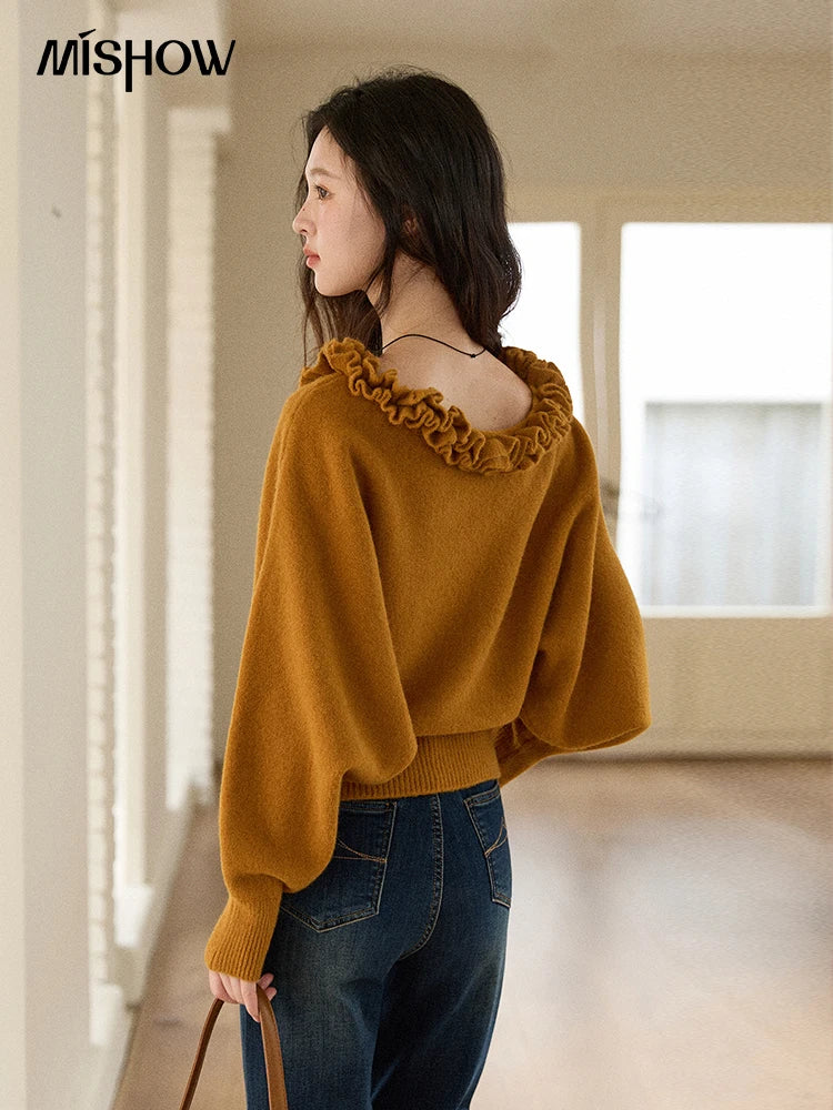 MISHOW Pullovers Women 2025 French Style Orange Lotus Edge Crew Neck Lantern Sleeves Top Slim Luxury Women's Sweaters MXE86Z2726