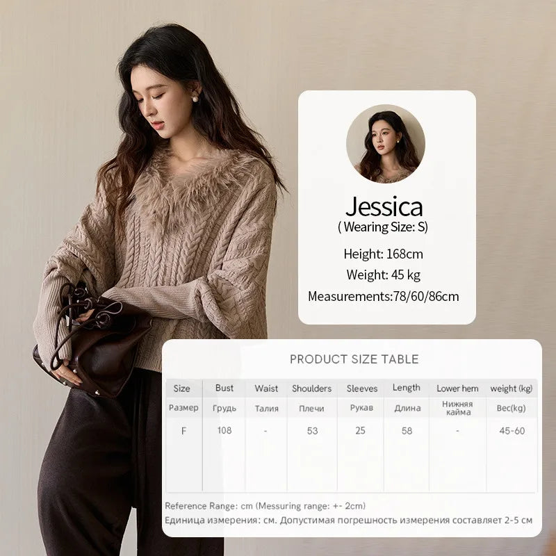 MISHOW Women's Batwing Sleeve KnittedSweater 2025 Winter Faux Fur Collar Cable Knit Puff Sleeve Warm Pullover Tops MXE94Z2985