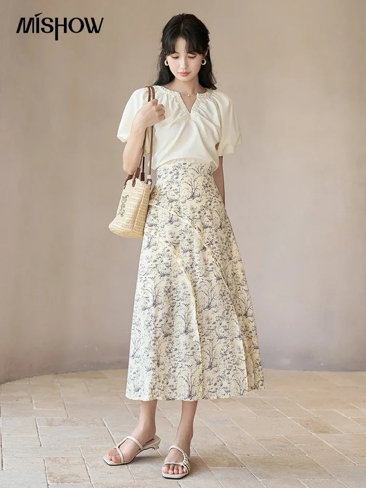 MISHOW Retro Floral Midi Skirt for Women Summer 2023 Side Split High Waist A-line Elegant Elastic Waist Long Skirts MXC37B0044