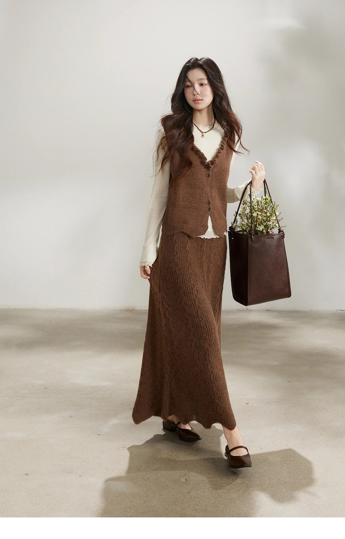MISHOW Women's Brown Two-Piece Set 2026 Spring Knitted Vest V-Neck Cable Knit Maxi Skirt Casual Retro Warm Outfit MXF11T1460