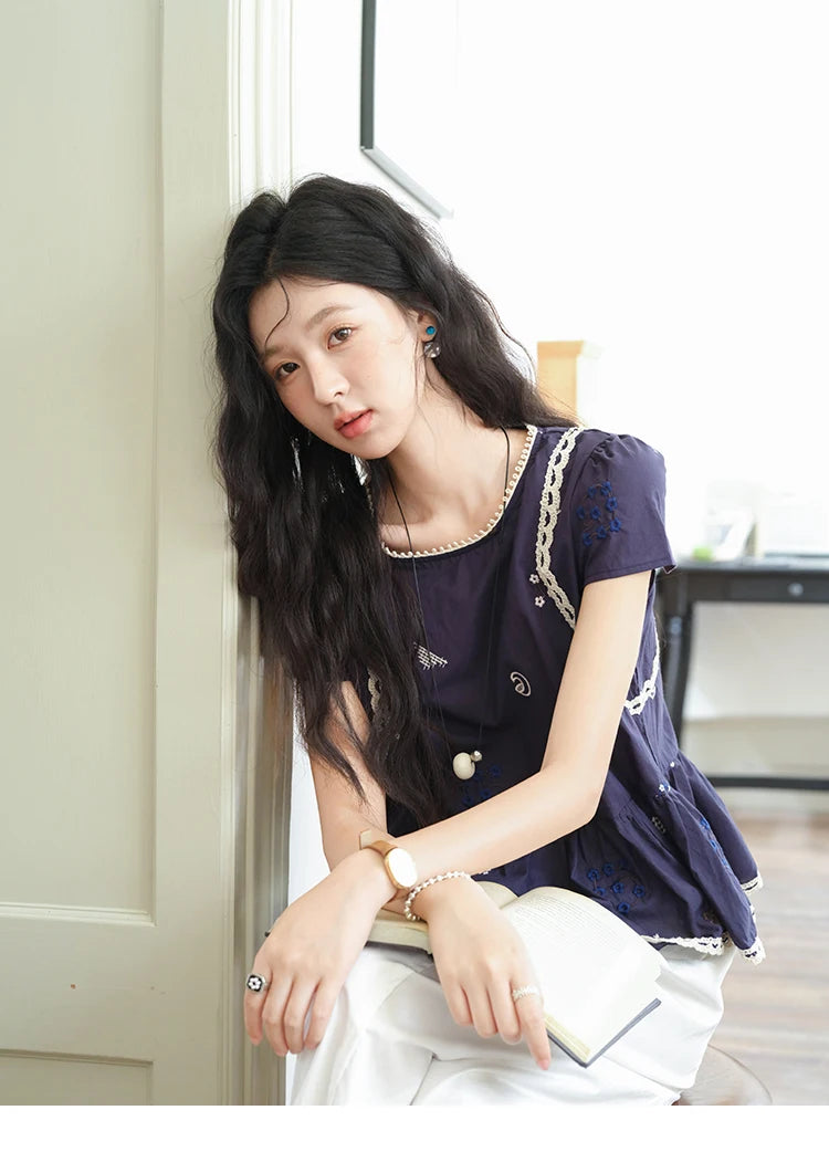 MISHOW Women's O-Neck Spliced Lace Blouse 2025 Summer New Fashion Embroidery Flower Casual Loose Top Ladies Clothing MXE39X1965