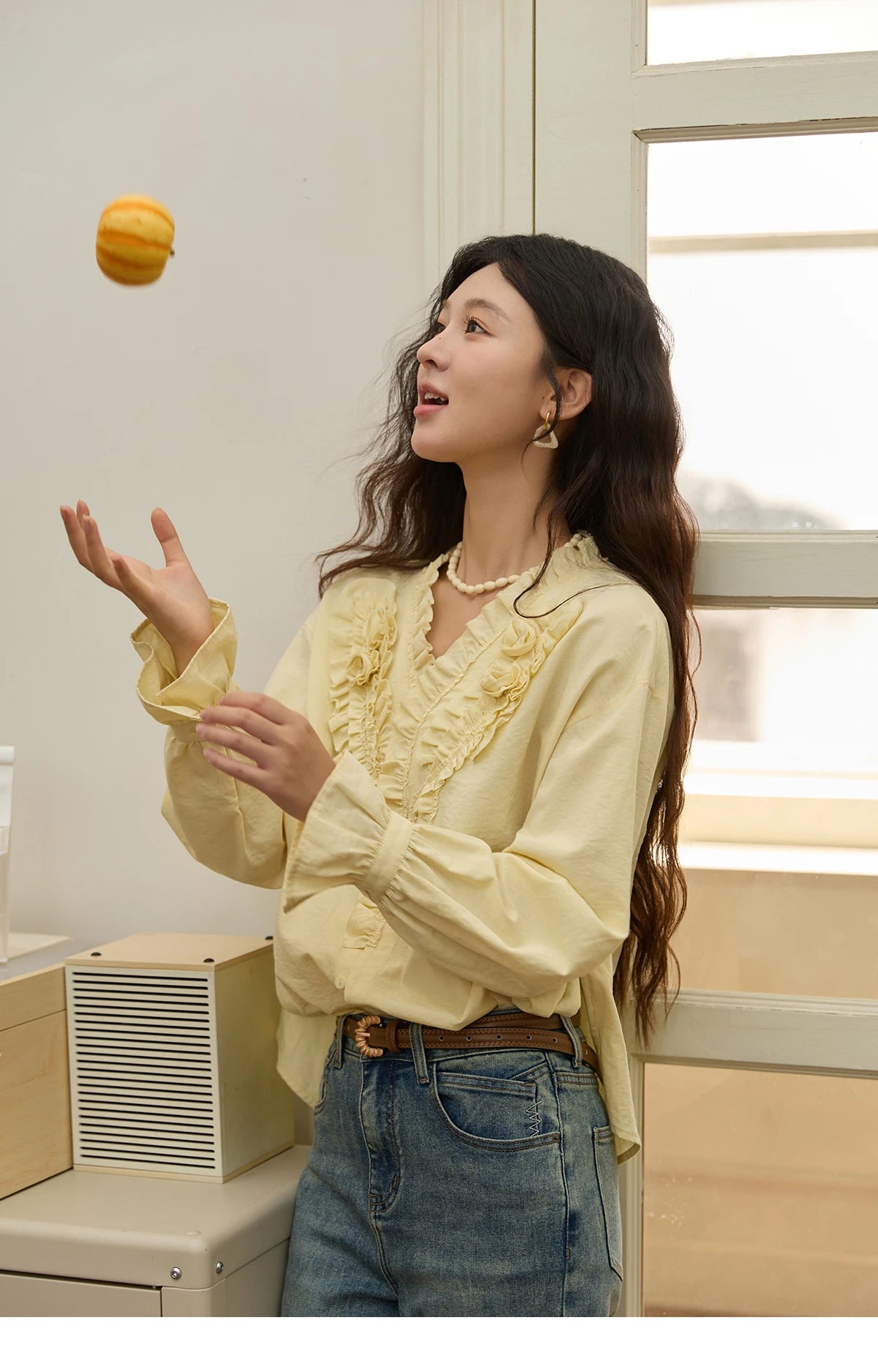 MISHOW Hand Sewn Rose Blouse for Women Autumn 2025 V-neck Edible Tree Fungus Edge Tops Sweet Lantern Sleeves Blouses MXE44X2470