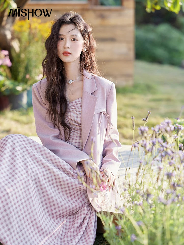 MISHOW Blazers for Women Spring 2025 Shoulder Pads Back Hem Slit Bow Coat Temperament Solid Single Breasted Blazer MXE13W0706