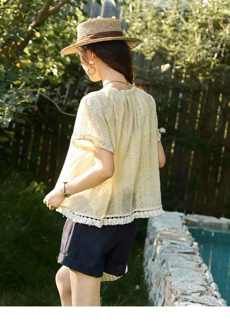 MISHOW Women's Embroidery Jacquard Blouse 2025 Summer New Fashion O-Neck Lace Up Short Sleeve Blouse Female Clothing MXE37X1861