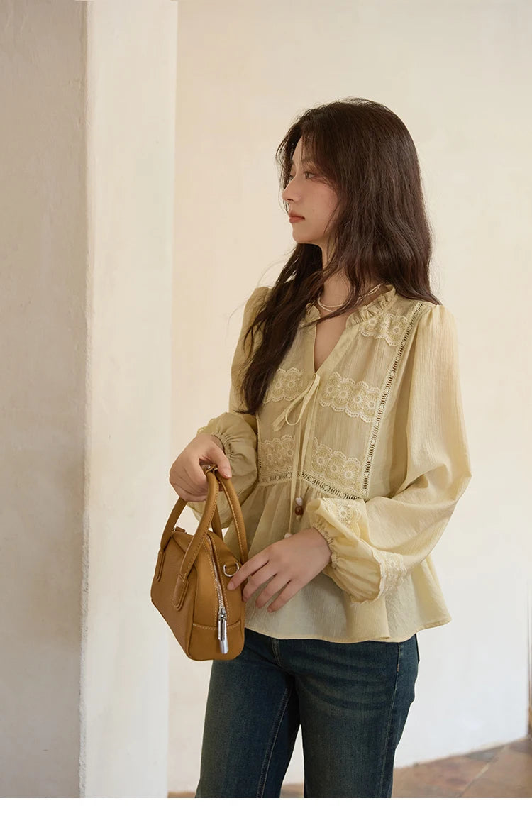 MISHOW French Thin V-neck Blouse 2025 Autumn Lace Patchwork Elastic Cuffs Top Bead Drawstring Lantern Sleeves Blouses MXE41X1925